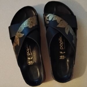 Papillio Women's Black Mules with Gold Floral Accents Leather. Like New!